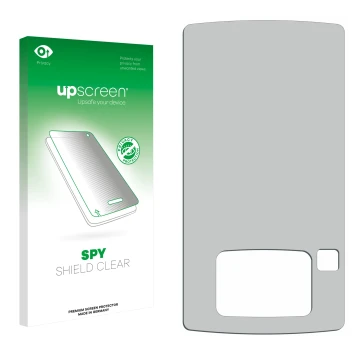 Parte frontale di una confezione del prodotto con il logo del marchio upscreen. Accanto si trova la protezione per lo schermo 