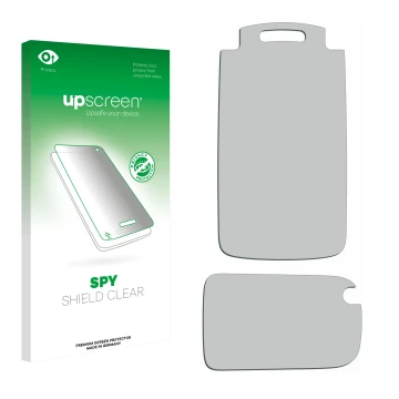 Parte frontale di una confezione del prodotto con il logo del marchio upscreen. Accanto si trova la protezione per lo schermo 