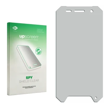 Parte frontale di una confezione del prodotto con il logo del marchio upscreen. Accanto si trova la protezione per lo schermo 