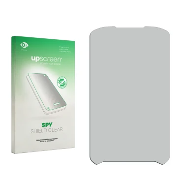 Parte frontale di una confezione del prodotto con il logo del marchio upscreen. Accanto si trova la protezione per lo schermo 