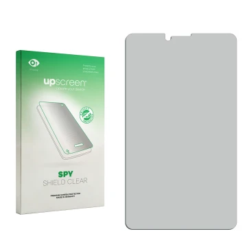 Parte frontale di una confezione del prodotto con il logo del marchio upscreen. Accanto si trova la protezione per lo schermo 