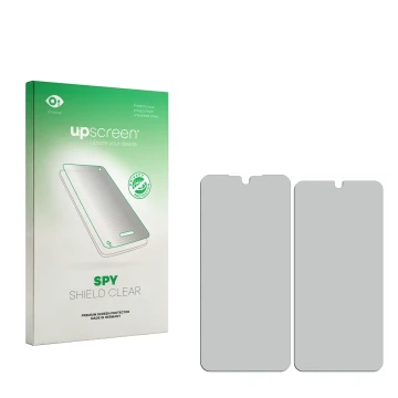 Parte frontale di una confezione del prodotto con il logo del marchio upscreen. Accanto si trova la protezione per lo schermo 