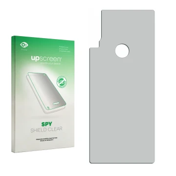 Parte frontale di una confezione del prodotto con il logo del marchio upscreen. Accanto si trova la protezione per lo schermo 