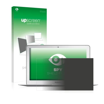 Parte frontale di una confezione del prodotto con il logo del marchio upscreen. Accanto è raffigurato il dispositivo Apple Mac