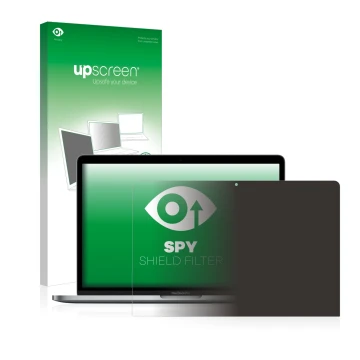 Parte frontale di una confezione del prodotto con il logo del marchio upscreen. Accanto è raffigurato il dispositivo Apple Mac