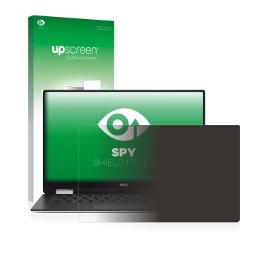 Parte frontale di una confezione del prodotto con il logo del marchio upscreen. Accanto è raffigurato il dispositivo Dell XPS 