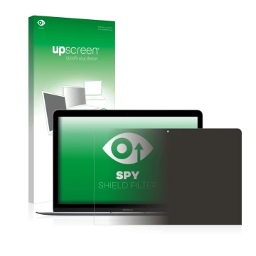 Parte frontale di una confezione del prodotto con il logo del marchio upscreen. Accanto è raffigurato il dispositivo Apple Mac