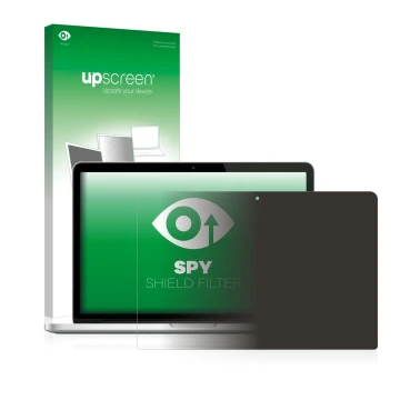 Parte frontale di una confezione del prodotto con il logo del marchio upscreen. Accanto è raffigurato il dispositivo Apple Mac