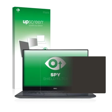 Parte frontale di una confezione del prodotto con il logo del marchio upscreen. Accanto è raffigurato il dispositivo Dell XPS 