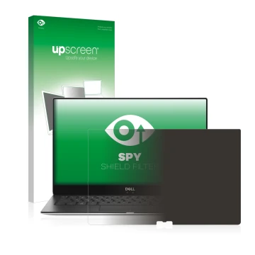 Parte frontale di una confezione del prodotto con il logo del marchio upscreen. Accanto è raffigurato il dispositivo Dell XPS 