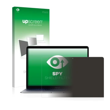 Parte frontale di una confezione del prodotto con il logo del marchio upscreen. Accanto è raffigurato il dispositivo Apple Mac