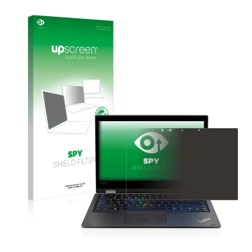 Parte frontale di una confezione del prodotto con il logo del marchio upscreen. Accanto è raffigurato il dispositivo Lenovo Th