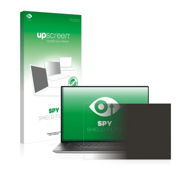 Parte frontale di una confezione del prodotto con il logo del marchio upscreen. Accanto è raffigurato il dispositivo Dell XPS 