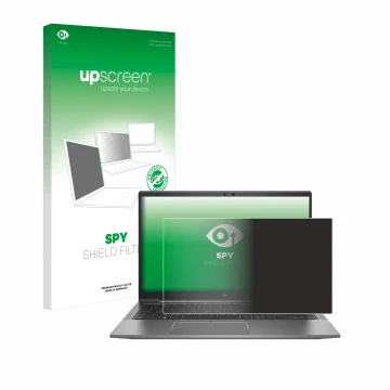 Parte frontale di una confezione del prodotto con il logo del marchio upscreen. Accanto è raffigurato il dispositivo HP ZBook 