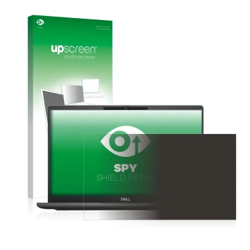 Parte frontale di una confezione del prodotto con il logo del marchio upscreen. Accanto è raffigurato il dispositivo Dell Lati