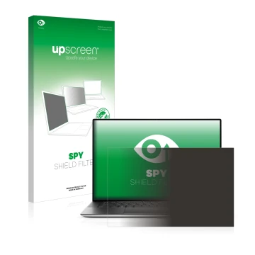 Parte frontale di una confezione del prodotto con il logo del marchio upscreen. Accanto è raffigurato il dispositivo Dell XPS 