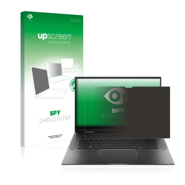 Parte frontale di una confezione del prodotto con il logo del marchio upscreen. Accanto è raffigurato il dispositivo HP Envy x