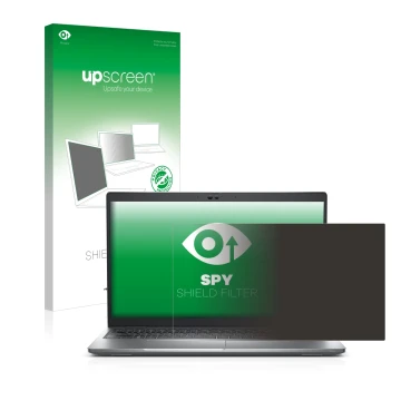 Parte frontale di una confezione del prodotto con il logo del marchio upscreen. Accanto è raffigurato il dispositivo Dell Lati