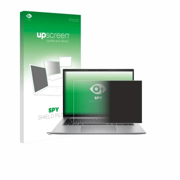 Parte frontale di una confezione del prodotto con il logo del marchio upscreen. Accanto è raffigurato il dispositivo HP Zbook 
