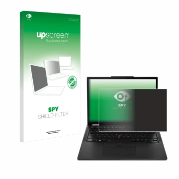 Parte frontale di una confezione del prodotto con il logo del marchio upscreen. Accanto è raffigurato il dispositivo Lenovo Th