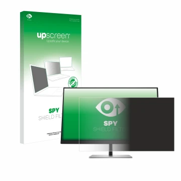 Parte frontale di una confezione del prodotto con il logo del marchio upscreen. Accanto è raffigurato il dispositivo HP E27q G