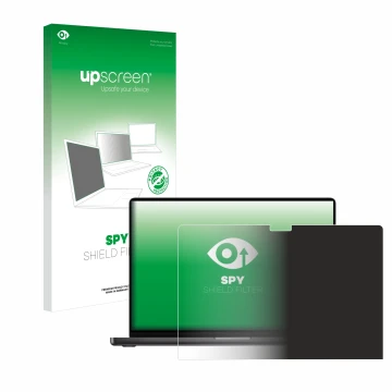 Parte frontale di una confezione del prodotto con il logo del marchio upscreen. Accanto è raffigurato il dispositivo Apple Mac