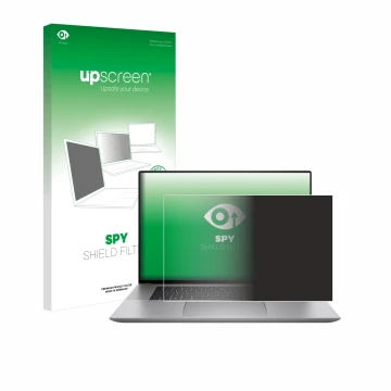 Parte frontale di una confezione del prodotto con il logo del marchio upscreen. Accanto è raffigurato il dispositivo HP Zbook 