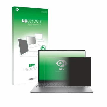 Parte frontale di una confezione del prodotto con il logo del marchio upscreen. Accanto è raffigurato il dispositivo HP ZBook 