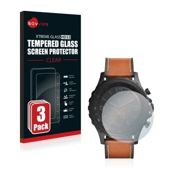 Parte frontale di una confezione del prodotto con il logo del marchio Savvies. Accanto è raffigurato il dispositivo Fossil Q N