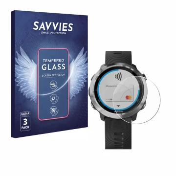 Parte frontale di una confezione del prodotto con il logo del marchio Savvies. Accanto è raffigurato il dispositivo Garmin For