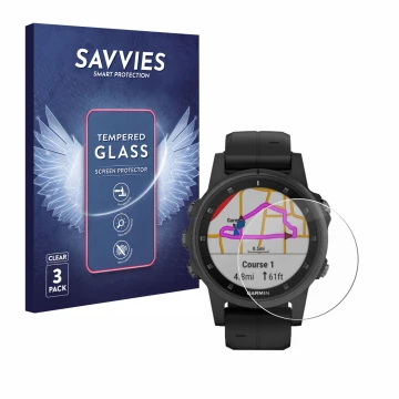 Parte frontale di una confezione del prodotto con il logo del marchio Savvies. Accanto è raffigurato il dispositivo Garmin Fen