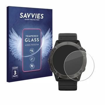 Parte frontale di una confezione del prodotto con il logo del marchio Savvies. Accanto è raffigurato il dispositivo Garmin Fen