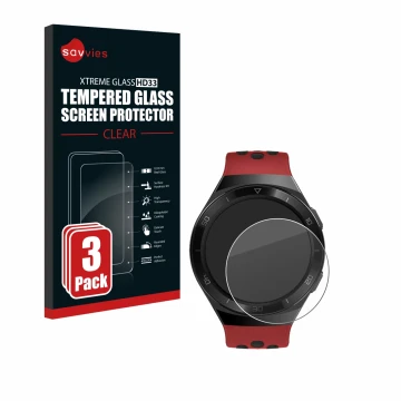 Parte frontale di una confezione del prodotto con il logo del marchio Savvies. Accanto è raffigurato il dispositivo Huawei Wat