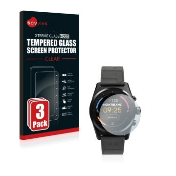 Parte frontale di una confezione del prodotto con il logo del marchio Savvies. Accanto è raffigurato il dispositivo Montblanc 