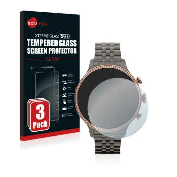 Parte frontale di una confezione del prodotto con il logo del marchio Savvies. Accanto è raffigurato il dispositivo Fossil Gen