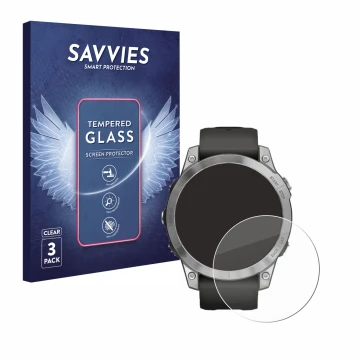 Parte frontale di una confezione del prodotto con il logo del marchio Savvies. Accanto è raffigurato il dispositivo Garmin Fen