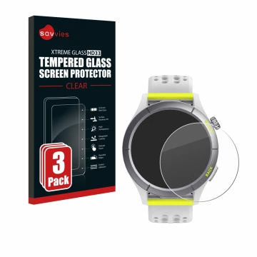 Parte frontale di una confezione del prodotto con il logo del marchio Savvies. Accanto è raffigurato il dispositivo Huami Amaz