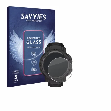 Parte frontale di una confezione del prodotto con il logo del marchio Savvies. Accanto è raffigurato il dispositivo Garmin Ins