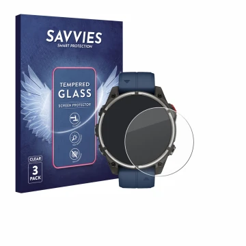 Parte frontale di una confezione del prodotto con il logo del marchio Savvies. Accanto è raffigurato il dispositivo Garmin qua