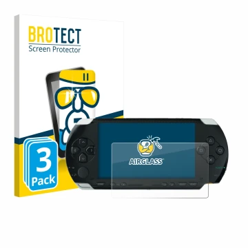 Parte frontale di una confezione del prodotto con il logo del marchio BROTECT. Accanto è raffigurato il dispositivo Sony PSP 1