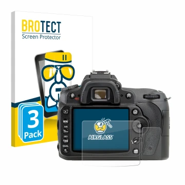 Parte frontale di una confezione del prodotto con il logo del marchio BROTECT. Accanto è raffigurato il dispositivo Nikon D90 
