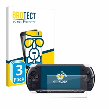 Parte frontale di una confezione del prodotto con il logo del marchio BROTECT. Accanto è raffigurato il dispositivo Sony PSP 3