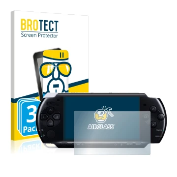 Parte frontale di una confezione del prodotto con il logo del marchio BROTECT. Accanto è raffigurato il dispositivo Sony PSP 3