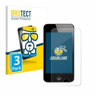 Parte frontale di una confezione del prodotto con il logo del marchio BROTECT. Accanto è raffigurato il dispositivo Apple iPod