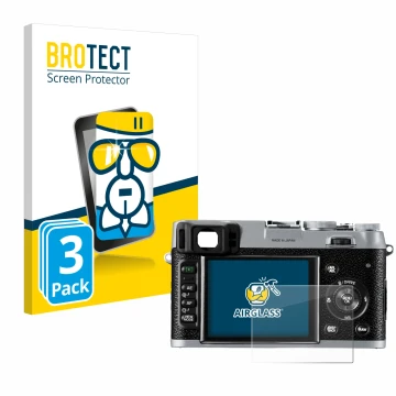Parte frontale di una confezione del prodotto con il logo del marchio BROTECT. Accanto è raffigurato il dispositivo Fujifilm F