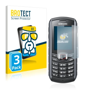 Parte frontale di una confezione del prodotto con il logo del marchio BROTECT. Accanto è raffigurato il dispositivo Samsung GT