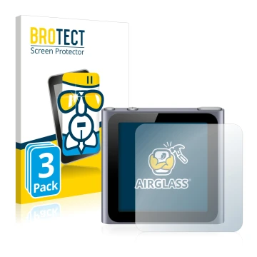Parte frontale di una confezione del prodotto con il logo del marchio BROTECT. Accanto è raffigurato il dispositivo Apple iPod
