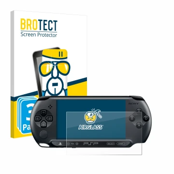 Parte frontale di una confezione del prodotto con il logo del marchio BROTECT. Accanto è raffigurato il dispositivo Sony PSP S