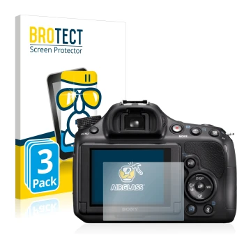 Parte frontale di una confezione del prodotto con il logo del marchio BROTECT. Accanto è raffigurato il dispositivo Sony Alpha