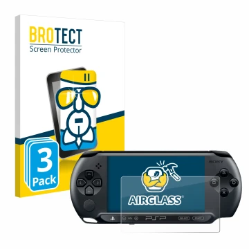 Parte frontale di una confezione del prodotto con il logo del marchio BROTECT. Accanto è raffigurato il dispositivo Sony PSP 1
